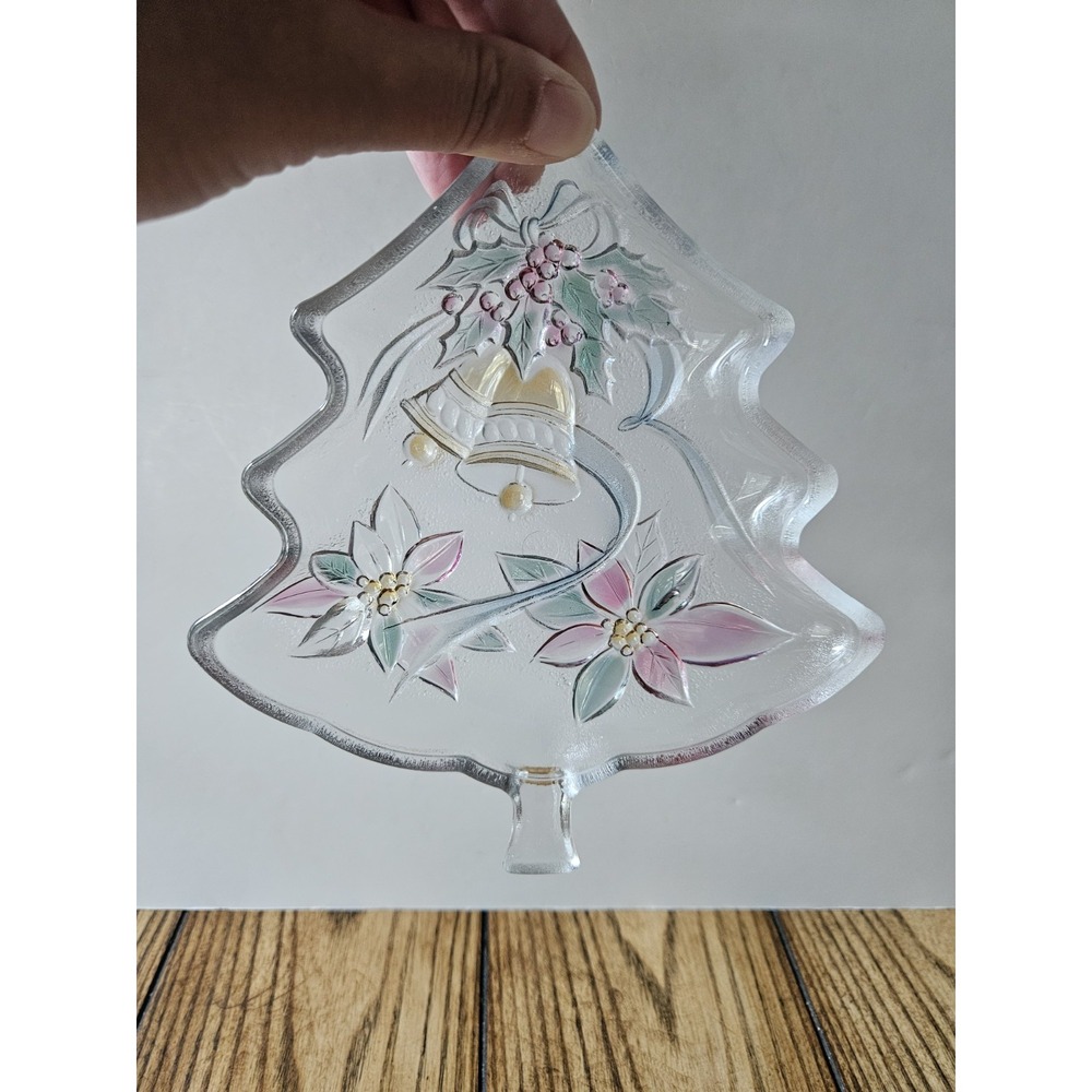 Glass Christmas Tree Trinket Dish Candy Holiday Bells Poinsettia Pastels 7.5"